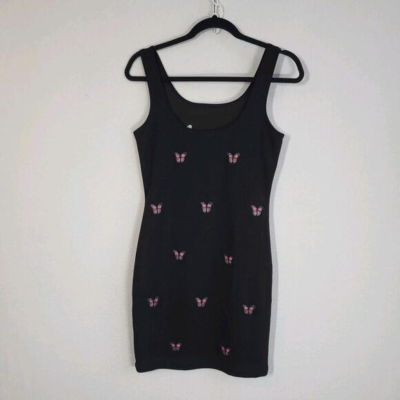 Butterfly Print Sheath Mini Dress M Black Pink Sleeveless Tank 90s Y2K Mean Girl - Picture 8 of 13